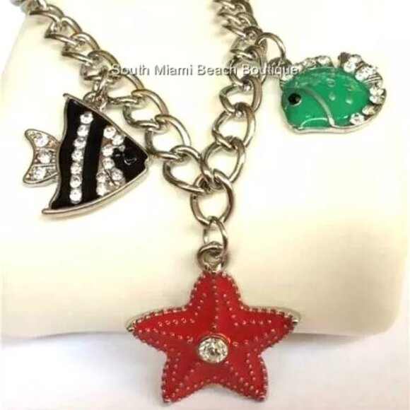 Sea Life Charm Bracelet Starfish Angel Fish 7-9" Silver Plated Crystal Enamel - Picture 3 of 12